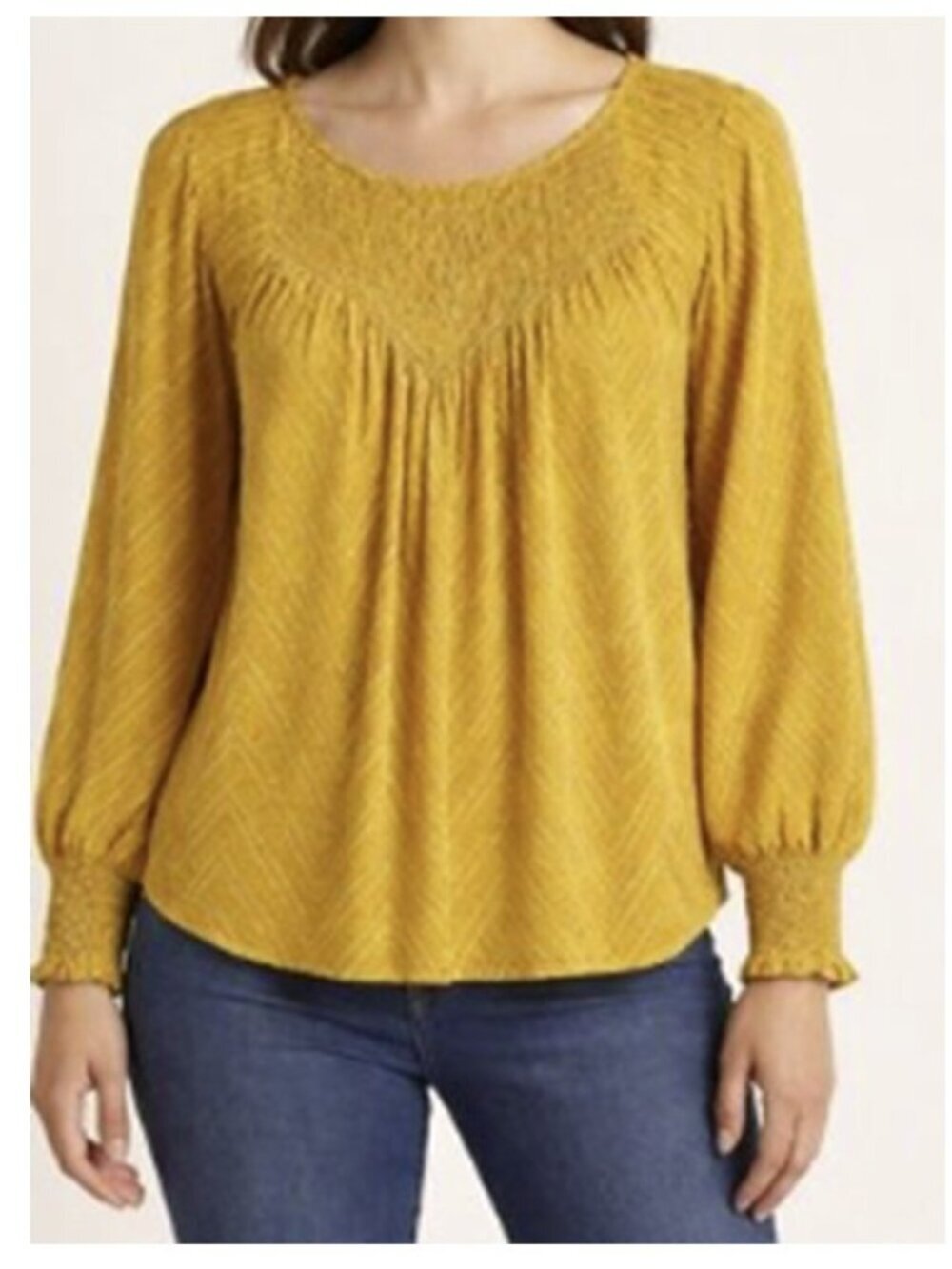 Lucky Brand Long Sleeve Boho Smocked Cotton Knit Blouse Mustard Size M Women's